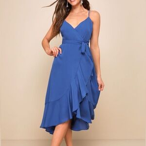 NWT Blue Ruffled Midi Wrap Dress